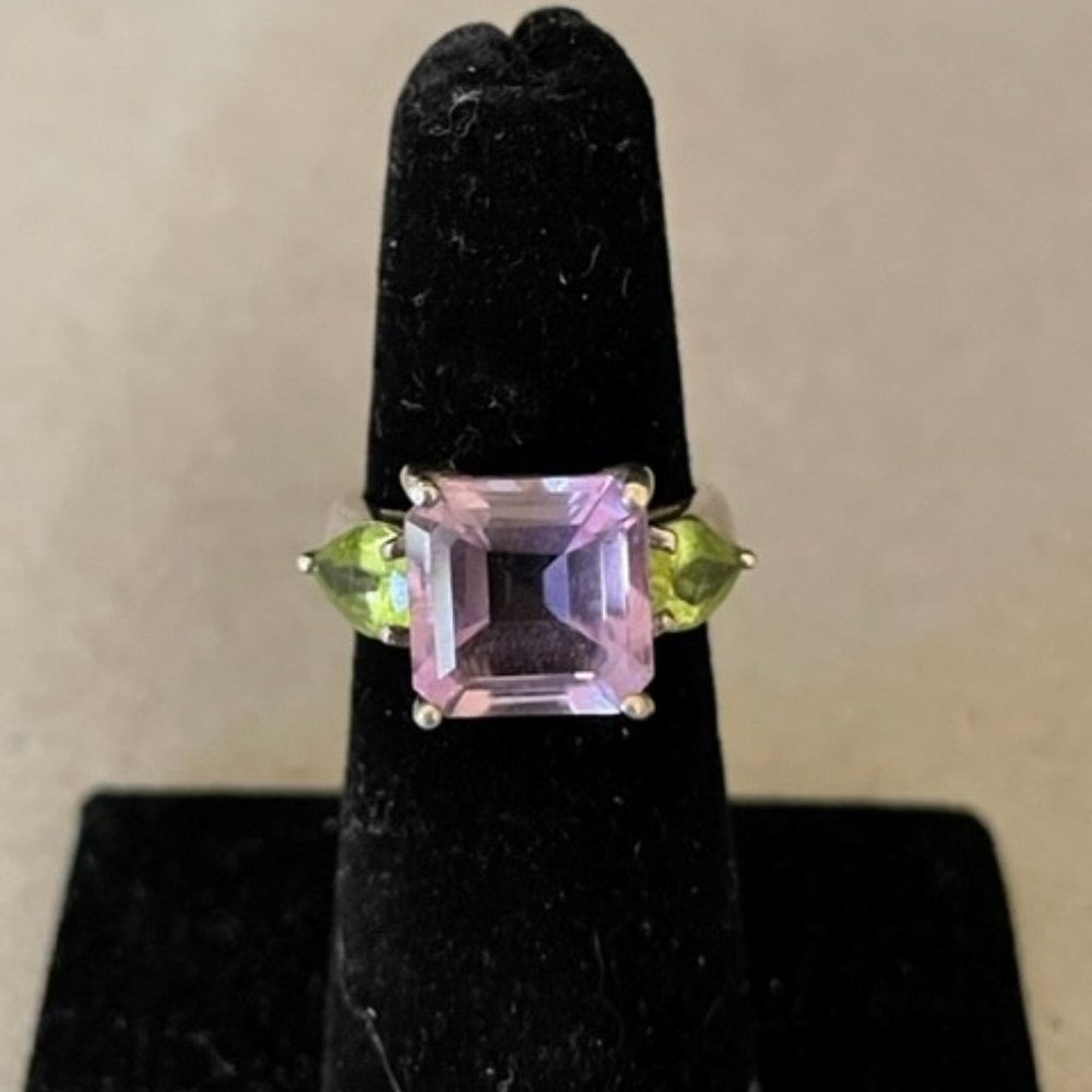 LG Rose de France Amethyst & Peridot Cocktail Ring a Heavy Sterling Silver Ring